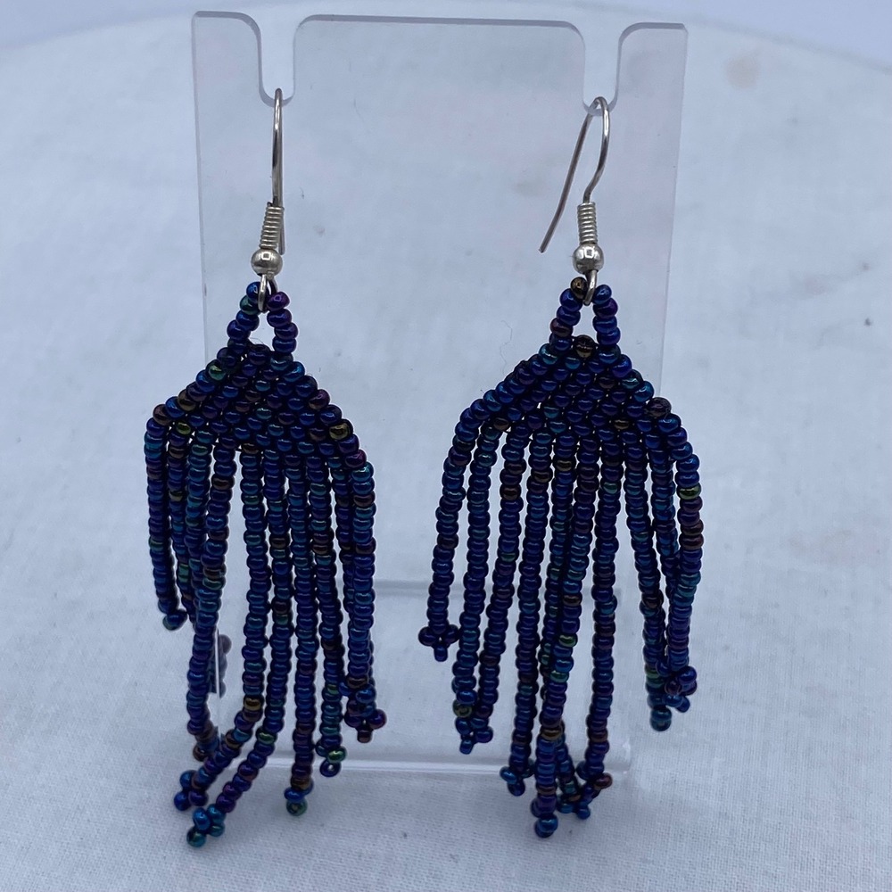 Blue Purple Beaded Fringe Earrings Iridescent Oil Slick Boho Mermaid Witch Hip